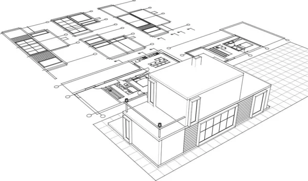 建物の設計図建築スケッチ3Dイラスト — ストックベクタ