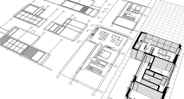 Bouwtekeningen Architectonische Schets Illustratie — Stockvector