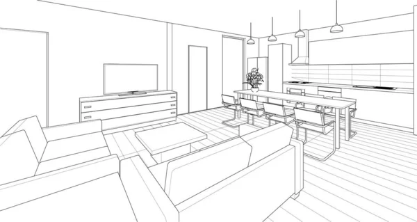 Mutfak Oturma Odası Boyutlu Resimleme — Stok Vektör