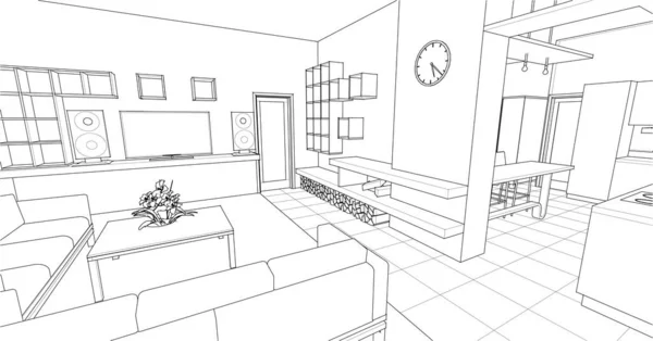 Interior Dapur Dan Ruang Tamu Ilustrasi - Stok Vektor