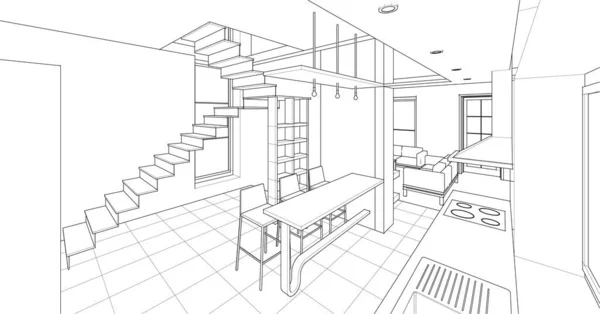 厨房和客厅内部3D插图 — 图库矢量图片