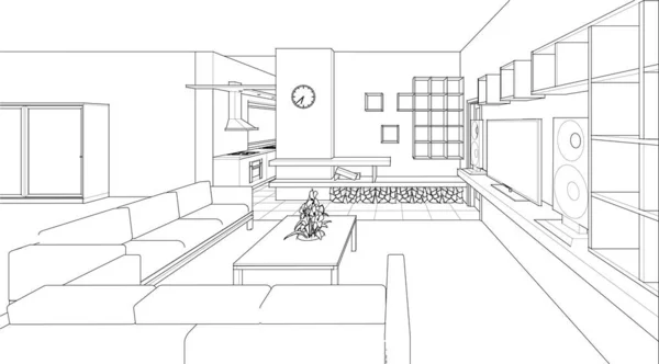 Innenraum Von Küche Und Wohnzimmer Illustration — Stockvektor