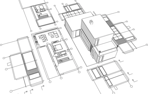 建筑蓝图 建筑草图3D插图 — 图库矢量图片