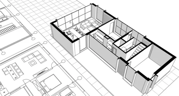 建物の設計図建築スケッチ3Dイラスト — ストックベクタ