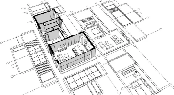 建筑蓝图 建筑草图3D插图 — 图库矢量图片