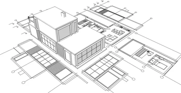 建筑蓝图 建筑草图3D插图 — 图库矢量图片