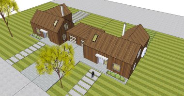 Yeşil çimen ve mavi gökyüzü olan modern bir ev.