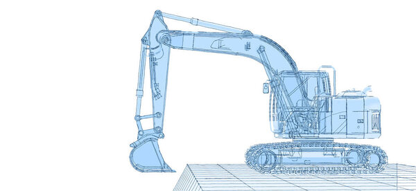 excavator drawing. 3d illustration. wire-frame style