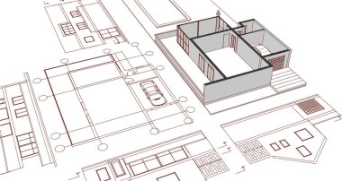 ev mimarisi çizimi 3d illüstrasyon