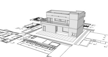 ev mimarisi çizimi 3d illüstrasyon
