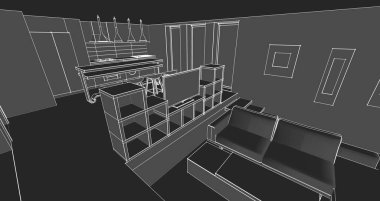iç görselleştirme, 3d illüstrasyon, siyah ve beyaz