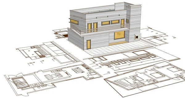 房屋建筑草图3D插图 — 图库照片