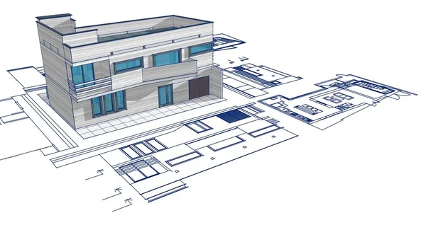 房屋建筑草图3D插图 — 图库照片