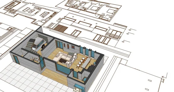 interior design concept, 3d illustration, sketch of apartment