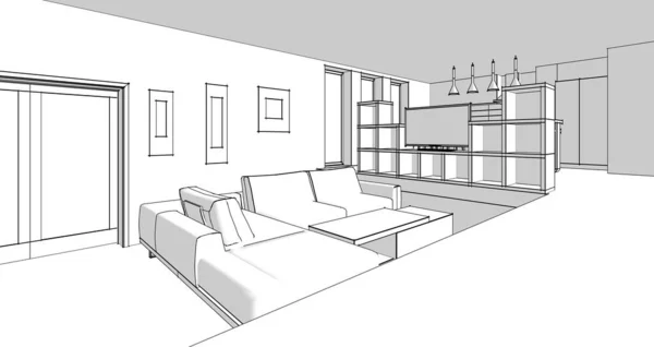 Desain Interior Sketsa Ilustrasi Ruang Komputer Vektor — Stok Foto