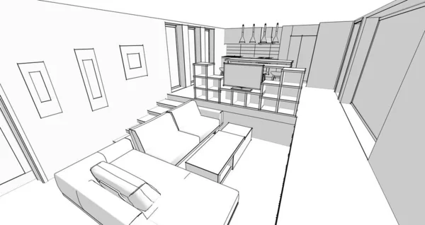 Interior Design Sketch Illustration Computer Digital Drawing Modern Abstract Shapes — Photo