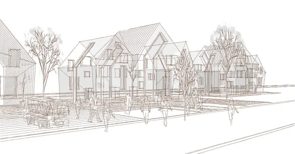Cottage Town Townhouses Architectural Concept Illustration — 图库照片