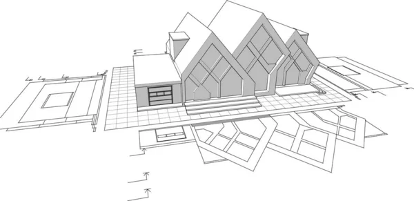 家の建築スケッチ3Dイラスト — ストックベクタ