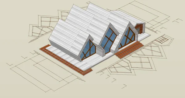 房屋建筑草图3D插图 — 图库照片