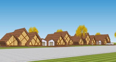 Architectural mockup including colored buildings, trees and transport.