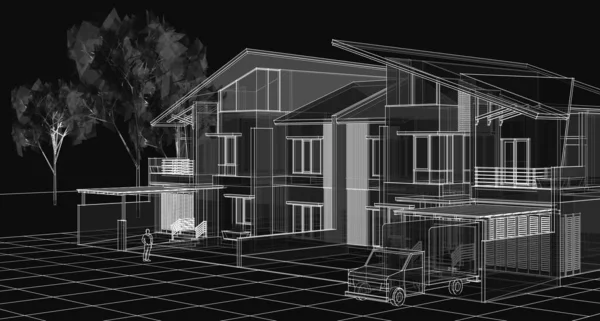 Townhouse architectural project sketch 3d illustration