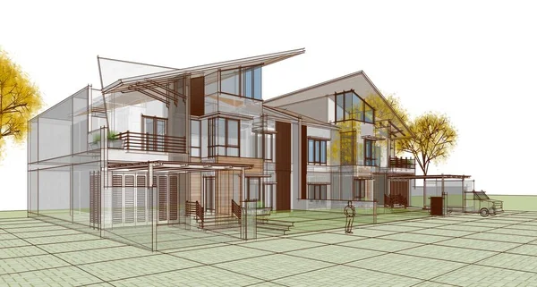 Townhouse architectural project sketch 3d illustration