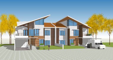 Kasaba mimari projesi çizimi 3D illüstrasyon