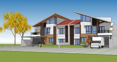 Kasaba mimari projesi çizimi 3D illüstrasyon