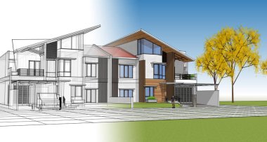 Kasaba mimari projesi çizimi 3D illüstrasyon