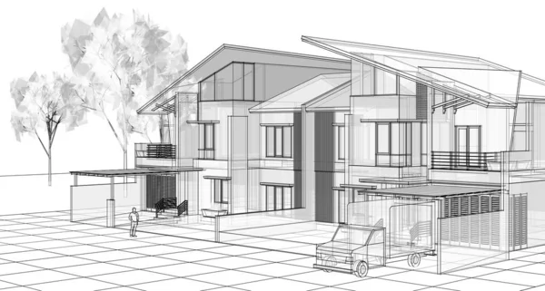 别墅建筑工程草图3D图解 — 图库照片