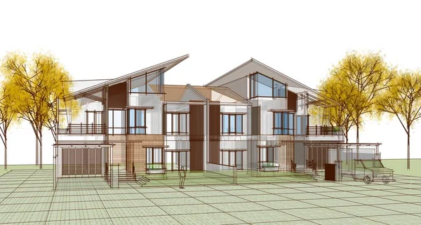 Townhouse architectural project sketch 3d illustration
