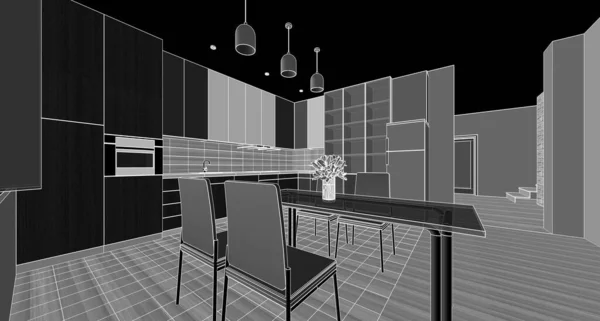 kitchen interior sketch 3d rendering