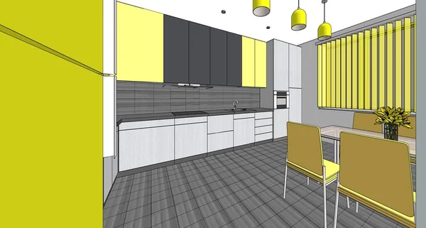 kitchen interior sketch 3d rendering