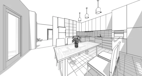 Keuken Interieur Schets Rendering — Stockfoto