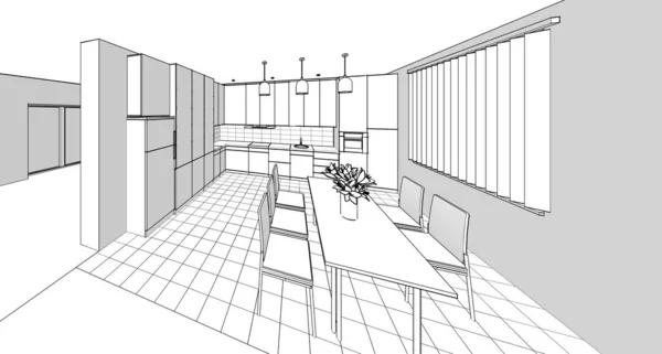 Küche Interieur Skizze Rendering — Stockfoto
