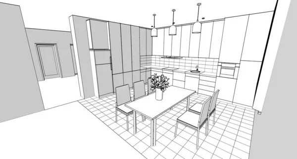 Sketsa Interior Dapur Rendering — Stok Foto