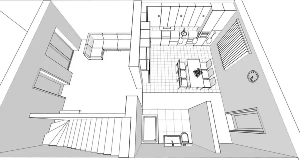 Kitchen Interior Sketch Rendering — Stock Photo, Image