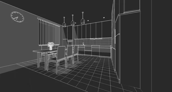 厨房内部草图3D渲染 — 图库照片