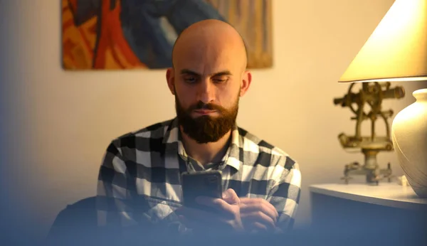 Close Portrait Bald Bearded Man Plaid Shirt — Stock Photo, Image