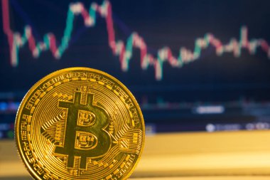 Bitcoin ve bitcoin çizelgesi. Kripto para ticareti. Bitcoin grafiği. Bitcoin madenciliği. Bilgisayar konseptinde finans yönetimi. Para ticareti. Dijital ticaret. Kâr zarar grafiği. İnternet üzerinden çevrimiçi ticaret.