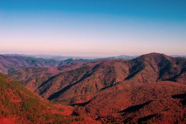 Scenery panoramic view of autumnal mountain forests. Beauty of nature. Valleys and mountains in the clear sky. Aerial view of the mountains. Sunlight illuminating the mountains. Colorful nature view.