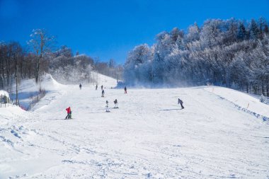 İnsanlar kayak pistinde snowboard yapıyor. Kayak merkezinde kayak yapan ve serbest sörf yapan insanlar. Kış sporları eğlence aktiviteleri. Ekstrem spor konsepti. Kar aktiviteleri konsepti.