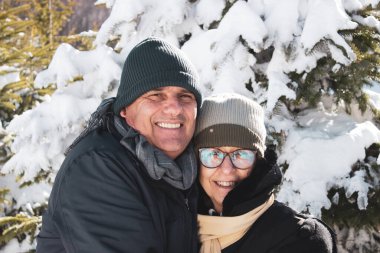 Orta yaşlı bir çift kışlık giysiler içinde birbirlerine sarılıp şefkat gösteriyorlar. Beyaz bir çift, kar ve orman arasında gülümsüyor. Sevgisini gösteren ve kameraya bakan gizli bir çift..