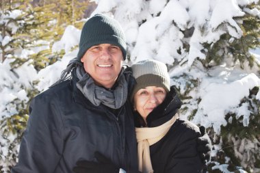 Orta yaşlı bir çift kışlık giysiler içinde birbirlerine sarılıp şefkat gösteriyorlar. Beyaz bir çift, kar ve orman arasında gülümsüyor. Sevgisini gösteren ve kameraya bakan gizli bir çift..