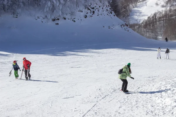 People Snowboarding Downhill Ski Trails People Skiing Snowboarding Freestyle Ski — Stock Photo, Image