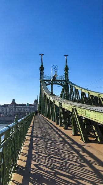 Budapeşte, Macaristan - 21 Aralık 2021: Budapeşte 'deki Özgürlük Köprüsü, Dikey Fotoğraf