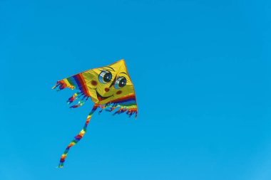 Uçurtma, uçurtma gökyüzünde uçuyor. Özgürlük ve mutluluk kavramı fikir geçmişi. Metin için alanı kopyala