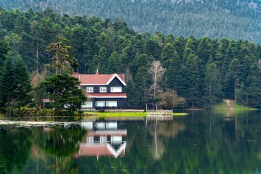 Bolu Golcuk Tabiat Parki. Bolu Ulusal Parkı. Türkiye 'nin tarihi yerleri ya da turistik yerleri. Göl kenarındaki ahşap yeşil eve odaklanın.. 