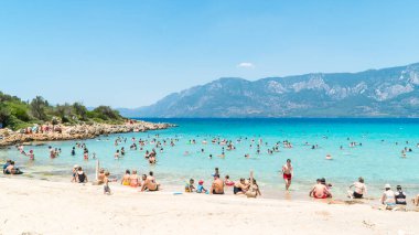 Sedir island, Marmaris, Mugla, Turkey - July 26,2022: Sedir island and Cleopatra Beach. The ancient city of Kedrai