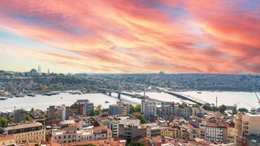 Istanbul Golden Horn landscape. Historical Golden Horn Peninsula in Istanbul Turkey. Istanbul view during sunset. 